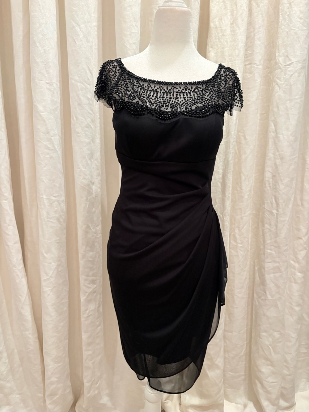 Xscape Black Beaded Illusion Neck Midi Cocktail Dress 6 Formal Wedding Guest